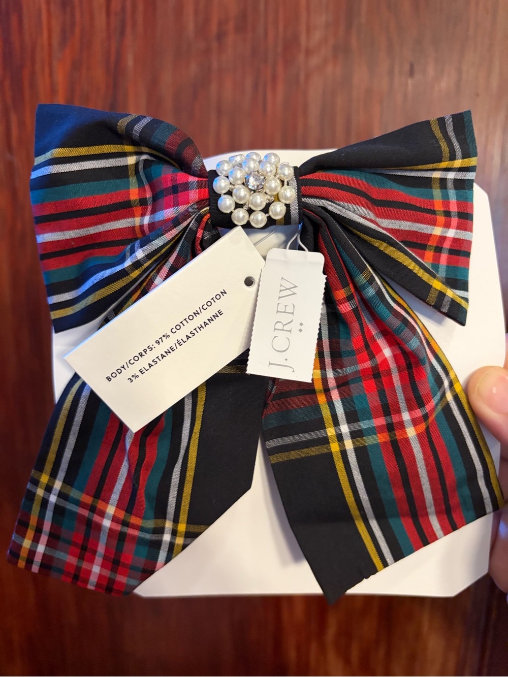 J. Crew Factory Tartan Hair Bow with Pearl Cluster